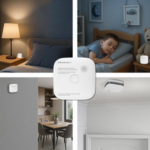 Qoltec Certyfikowany bezprzewodowy Czujnik dymu z baterią | Tuya | Wi-fi | żywotność sensora 10 lat | alarm 85dB | LED