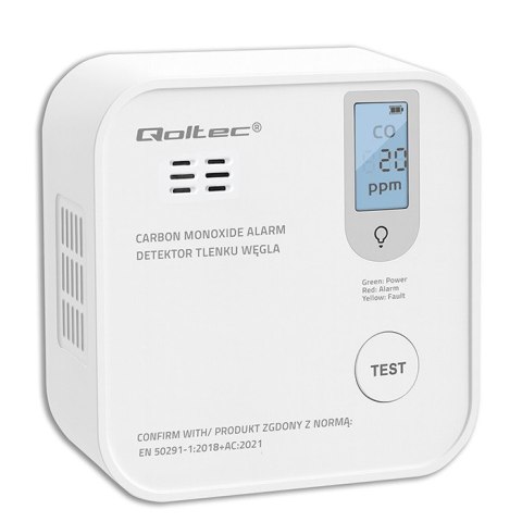 Qoltec Certyfikowany bezprzewodowy Czujnik tlenku węgla (czadu) z baterią | detektor CO | żywotność sensora 10 lat | alarm 85dB