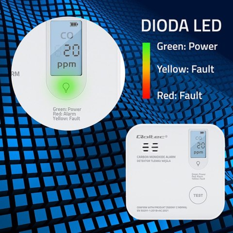Qoltec Certyfikowany bezprzewodowy Czujnik tlenku węgla (czadu) z baterią | detektor CO | żywotność sensora 10 lat | alarm 85dB