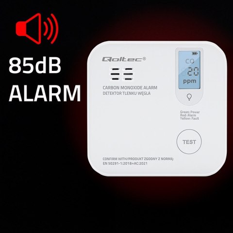 Qoltec Certyfikowany bezprzewodowy Czujnik tlenku węgla (czadu) z baterią | detektor CO | żywotność sensora 10 lat | alarm 85dB