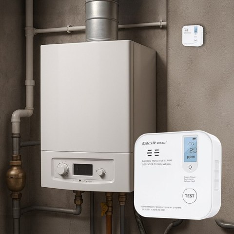 Qoltec Certyfikowany bezprzewodowy Czujnik tlenku węgla (czadu) z baterią | detektor CO | żywotność sensora 10 lat | alarm 85dB