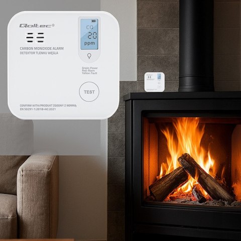 Qoltec Certyfikowany bezprzewodowy Czujnik tlenku węgla (czadu) z baterią | detektor CO | żywotność sensora 10 lat | alarm 85dB
