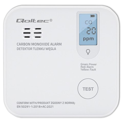 Qoltec Certyfikowany bezprzewodowy Czujnik tlenku węgla (czadu) z baterią | detektor CO | żywotność sensora 10 lat | alarm 85dB