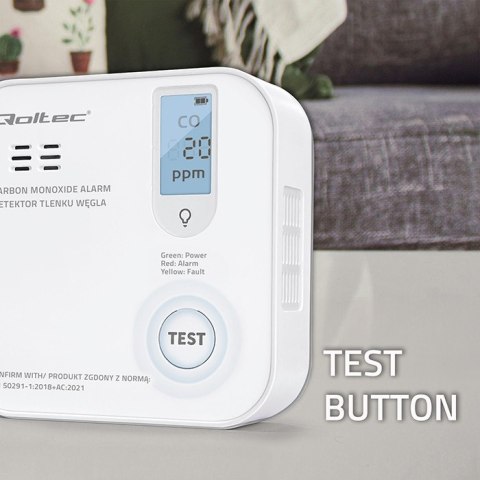 Qoltec Certyfikowany bezprzewodowy Czujnik tlenku węgla (czadu) z baterią | detektor CO | żywotność sensora 10 lat | alarm 85dB