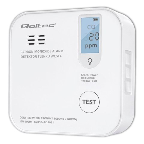 Qoltec Certyfikowany bezprzewodowy Czujnik tlenku węgla (czadu) z baterią | detektor CO | żywotność sensora 10 lat | alarm 85dB