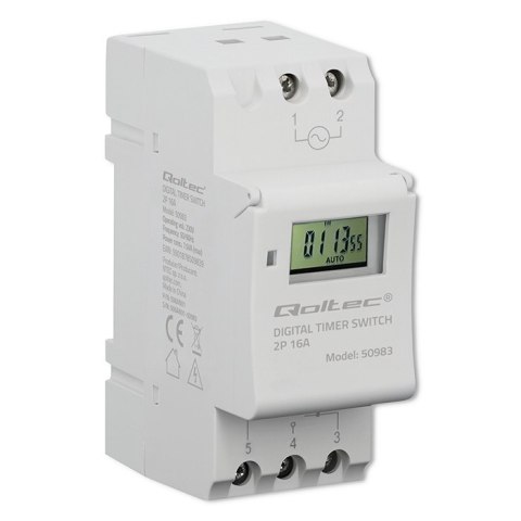 Qoltec Elektroniczny programator czasowy TIMER na szynę DIN z wbudowaną baterią | Haromonogram 7 dni | 16 programów
