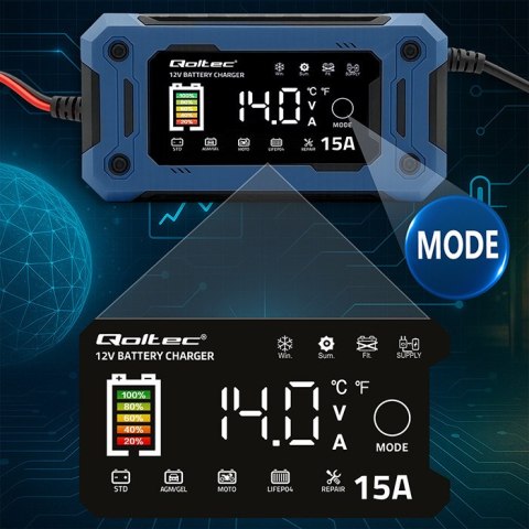 Qoltec Inteligentna mikroprocesorowa ładowarka 12V 15A | Prostownik z funkcją naprawy i podtrzymania zasilania podczas wymiany a