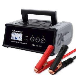 Qoltec Inteligentna mikroprocesorowa ładowarka 12V 24V 25A| Prostownik z funkcją naprawy do akumulatora AGM GEL SLA | LCD
