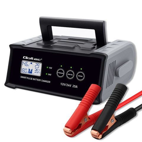 Qoltec Inteligentna mikroprocesorowa ładowarka 12V 24V 25A| Prostownik z funkcją naprawy do akumulatora AGM GEL SLA | LCD