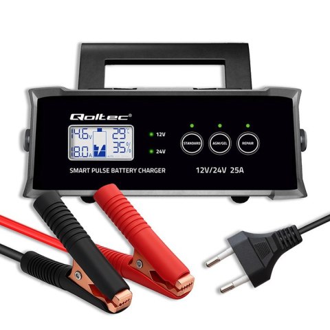 Qoltec Inteligentna mikroprocesorowa ładowarka 12V 24V 25A| Prostownik z funkcją naprawy do akumulatora AGM GEL SLA | LCD