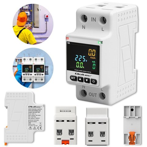 Qoltec Jednofazowy elektroniczny licznik watomierz | miernik zużycia energii | DIN35 | Zdalne sterowanie | Historia pomiaru | Wi