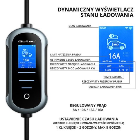 Qoltec Mobilna ładowarka do samochodu elektrycznego EV z regulacją 2w1 Typ2 | 11kW | 400V | Wi-fi | LCD | Przenośna | Wallbox | 