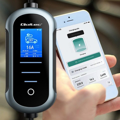 Qoltec Mobilna ładowarka do samochodu elektrycznego EV z regulacją 2w1 Typ2 | 11kW | 400V | Wi-fi | LCD | Przenośna | Wallbox | 