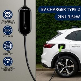 Qoltec Mobilna ładowarka do samochodu elektrycznego EV z regulacją 2w1 Typ2 | 3.5kW | 230V | LCD | 5m