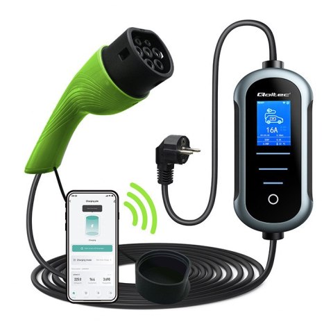 Qoltec Mobilna ładowarka do samochodu elektrycznego EV z regulacją 2w1 Typ2 | 3.5kW | 230V | Wi-fi | LCD | Przenośna | 5m