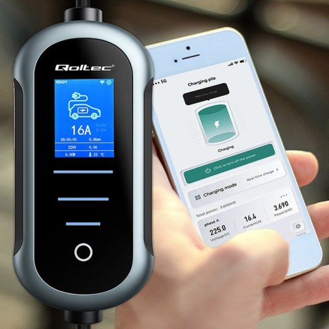 Qoltec Mobilna ładowarka do samochodu elektrycznego EV z regulacją 2w1 Typ2 | 3.5kW | 230V | Wi-fi | LCD | Przenośna | 5m