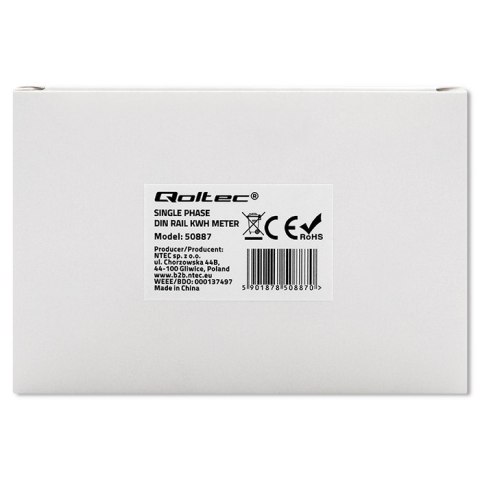 Qoltec Jednofazowy elektroniczny licznik | miernik zużycia energii na szynę DIN | 230V | LCD | 2P | Slim