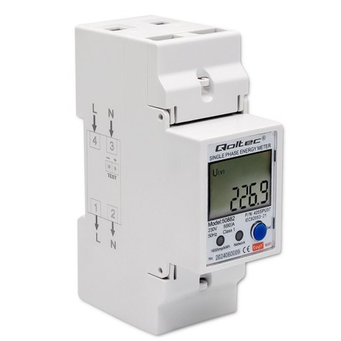 Qoltec Jednofazowy elektroniczny licznik | miernik zużycia energii na szynę DIN | Wi-fi | TUYA | 230V | LCD