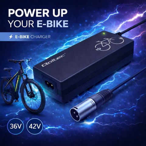 Qoltec Ładowarka do roweru elektrycznego 36V | 42V | 2A | 3P XLR-18mm +kabel zasilający