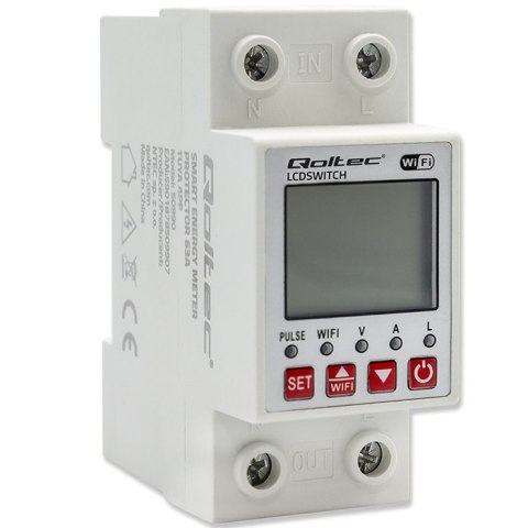 Qoltec Przekaźnik 63A na szynę DIN z licznikiem energii elektrycznej | Timer | Tuya | Wi-Fi | LED
