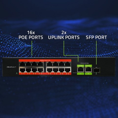 Qoltec Przełącznik sieciowy SWITCH Fast Ethernet PoE | 16x RJ45 10/100 Mb/s | 2x RJ45 Uplink 1000 Mb/s | 1x SFP 1000 Mb/s