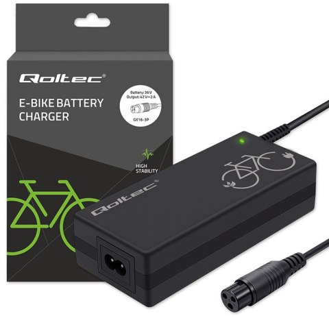 Qoltec Szybka Ładowarka do roweru elektrycznego 36V | 42V | 2A | 3P-GX16 | +kabel zasilający