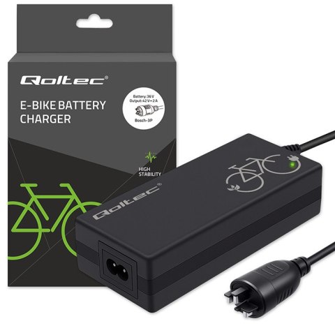 Qoltec Szybka Ładowarka do roweru elektrycznego 36V | 42V | 2A | wtyczka Bosch 3Pin +kabel zasilający