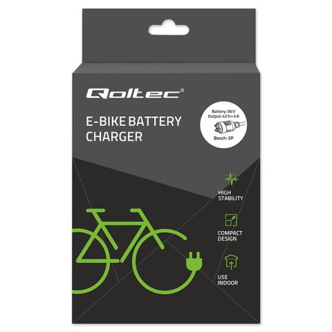 Qoltec Szybka Ładowarka do roweru elektrycznego 36V | 42V | 2A | wtyczka Bosch 3Pin +kabel zasilający