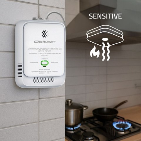 Qoltec Certyfikowany Czujnik wycieku gazu ziemnego | detektor CH4 | NG | Tuya | Wi-Fi | alarm 85dB | LED