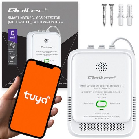 Qoltec Certyfikowany Czujnik wycieku gazu ziemnego | detektor CH4 | NG | Tuya | Wi-Fi | alarm 85dB | LED