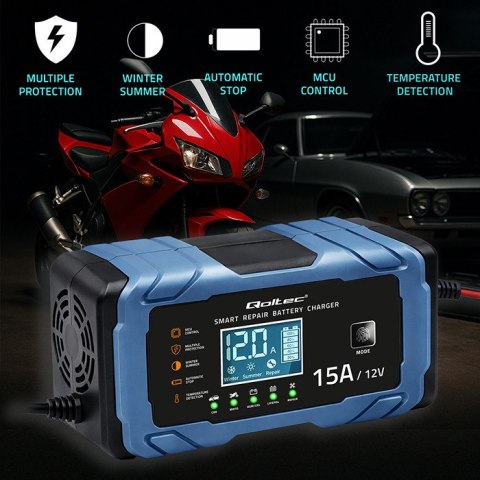 Qoltec Inteligentna mikroprocesorowa ładowarka 12V 15A | Prostownik z funkcją naprawy | AGM GEL LiFePO4 | 9- stopniowe ładowanie