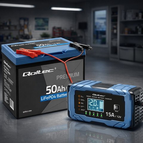 Qoltec Inteligentna mikroprocesorowa ładowarka 12V 15A | Prostownik z funkcją naprawy | AGM GEL LiFePO4 | 9- stopniowe ładowanie