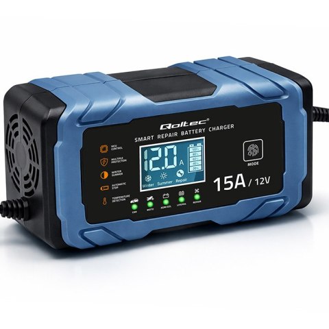 Qoltec Inteligentna mikroprocesorowa ładowarka 12V 15A | Prostownik z funkcją naprawy | AGM GEL LiFePO4 | 9- stopniowe ładowanie