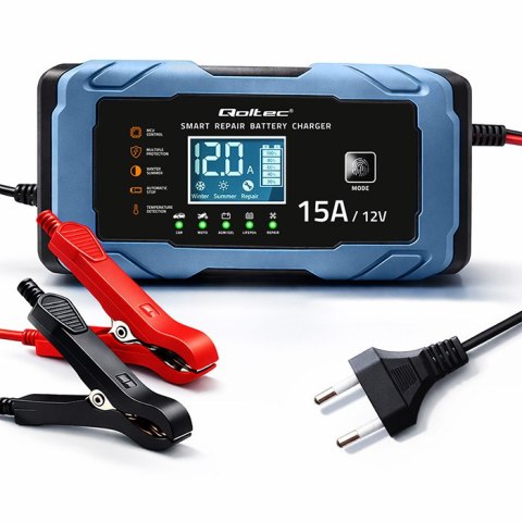 Qoltec Inteligentna mikroprocesorowa ładowarka 12V 15A | Prostownik z funkcją naprawy | AGM GEL LiFePO4 | 9- stopniowe ładowanie