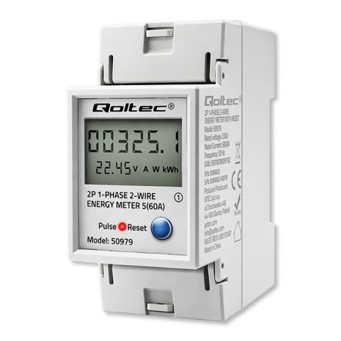 Qoltec Jednofazowy elektroniczny licznik zużycia energii na szynę DIN | RESET | licznik okresowy i stały | 230V | 60A | LCD | LE