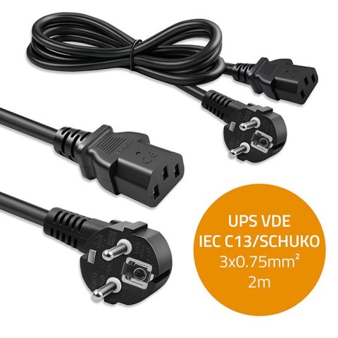 Qoltec Kabel zasilający SCHUKO | IEC C13 | CEE 7/7 | 3x0.75mm² | Czysta miedź Cu | 2m