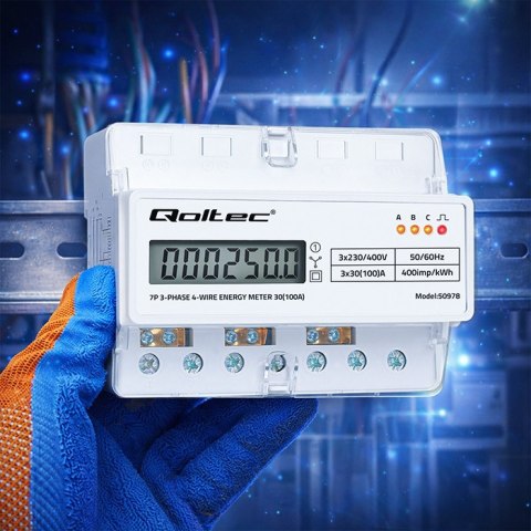 Qoltec Trójfazowy elektroniczny licznik | miernik zużycia energii na szynę DIN | 400V | 100A | LCD | LED | 7P