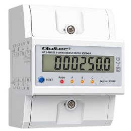 Qoltec Trójfazowy elektroniczny licznik z resetem | miernik zużycia energii na szynę DIN | 400V | 100A | LCD | LED | 4P