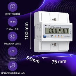 Qoltec Trójfazowy elektroniczny licznik z resetem | miernik zużycia energii na szynę DIN | 400V | 100A | LCD | LED | 4P