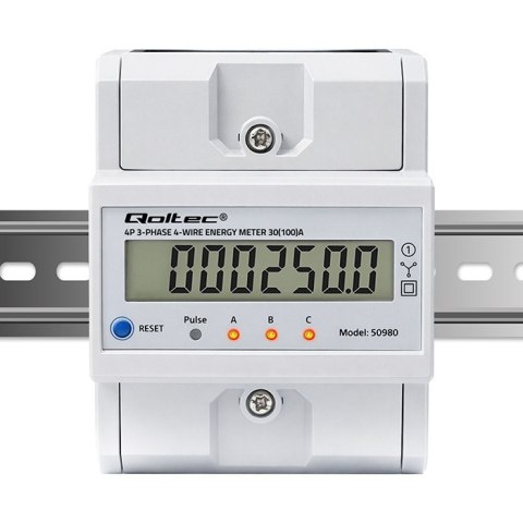 Qoltec Trójfazowy elektroniczny licznik z resetem | miernik zużycia energii na szynę DIN | 400V | 100A | LCD | LED | 4P