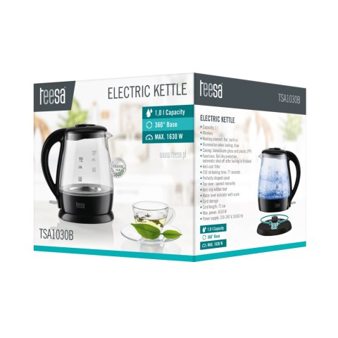Czajnik elektryczny TEESA, szklany, 1630 W, czarny, 1 L