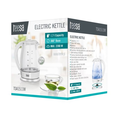 Czajnik elektryczny TEESA, szklany, 2200 W, biały, 1,7 L