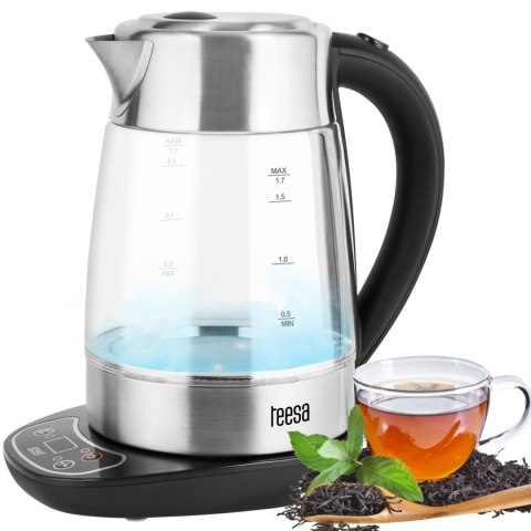 Czajnik elektryczny z regulacją temperatury,TEESA, szklany + inox, 2200W, 1,7L , LED