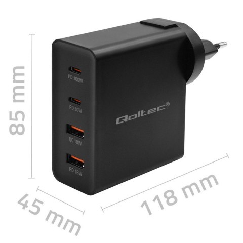Qoltec Ładowarka GaN POWER PRO | 2xUSB-C | 2xUSB | 130W | 5-20V | 1.5-3.25A | PD | Czarna