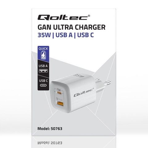 Qoltec Ładowarka sieciowa 35W GaN ULTRA | 5-20V | 2.25-3A | 1xUSB typ C PD | 1x USB | Biała