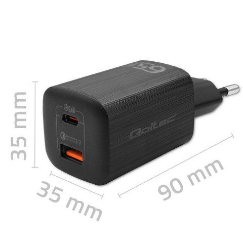Qoltec Ładowarka sieciowa 65W GaN ULTRA | 5-20V | 2.25-3.25A | 1xUSB typ C PD | 1x USB | Czarna