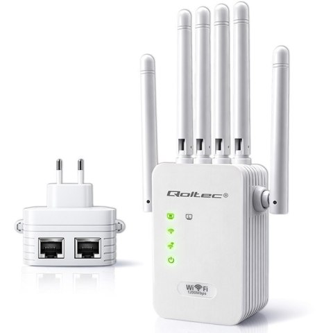 Qoltec Wzmacniacz sygnału WiFi 6 | Repeater | Access Point | AX1200 Mb/s | 6 Anten | 2x RJ45 | 128MB