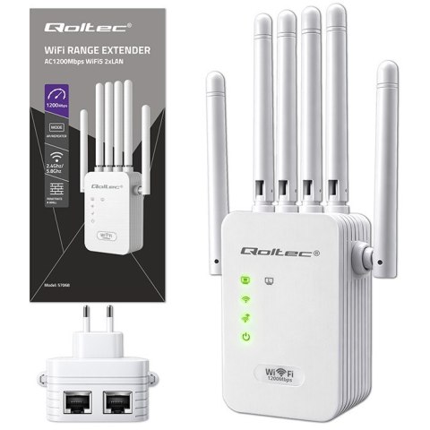 Qoltec Wzmacniacz sygnału WiFi 6 | Repeater | Access Point | AX1200 Mb/s | 6 Anten | 2x RJ45 | 128MB