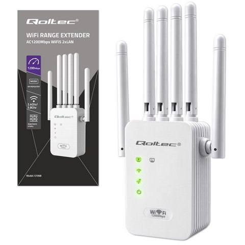 Qoltec Wzmacniacz sygnału WiFi 6 | Repeater | Access Point | AX1200 Mb/s | 6 Anten | 2x RJ45 | 128MB