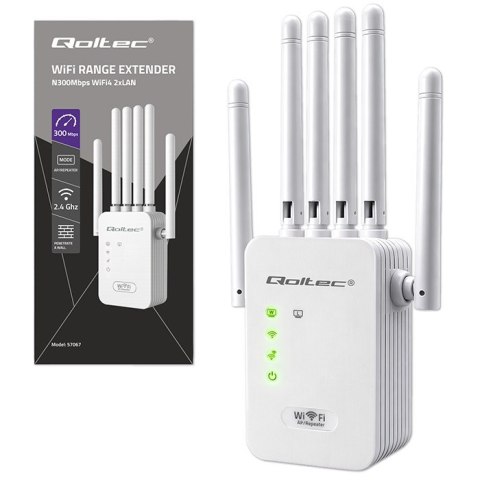 Qoltec Wzmacniacz sygnału WiFi | Repeater | Access Point | N300Mb/s | 6 anten | 2x RJ45